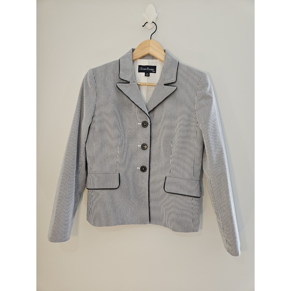 Evan-Picone Petite Striped Blazer Navy White Seersucker Style Jacket Size 4P